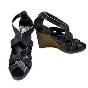Cole Haan Black Leather Cage Wedge Heels Shoes Strappy Size 9.5B NikeAir